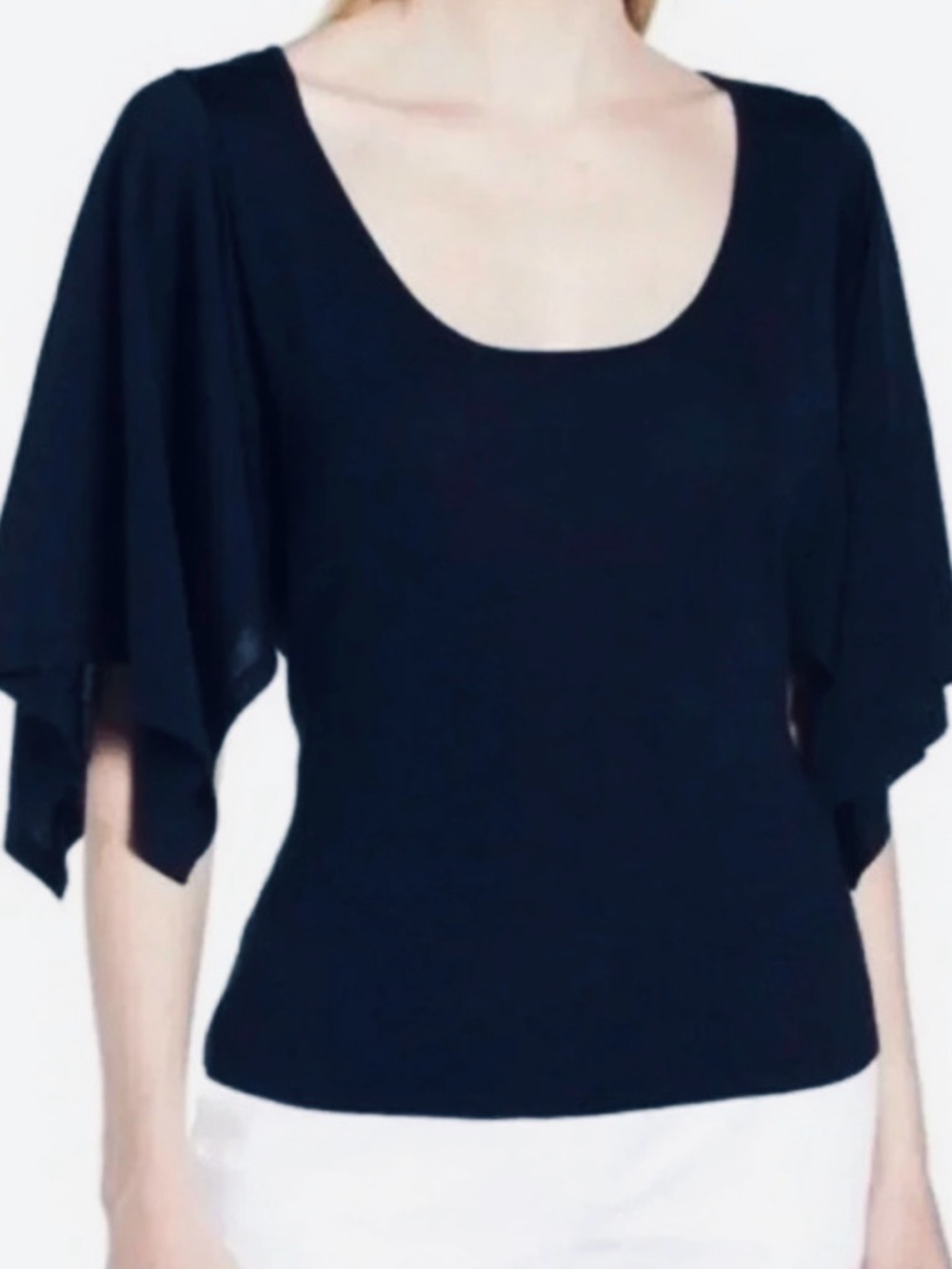 Lewit Dark Navy Short Split Sleeve Scoop Neck Top with Back Tie Size Medium
